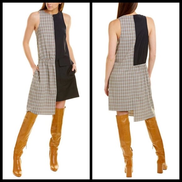 💕TIBI💕 Sana Check Colorblock Sleeveless Midi Dress Recycled Wool Blend Shift 6 - Picture 9 of 16